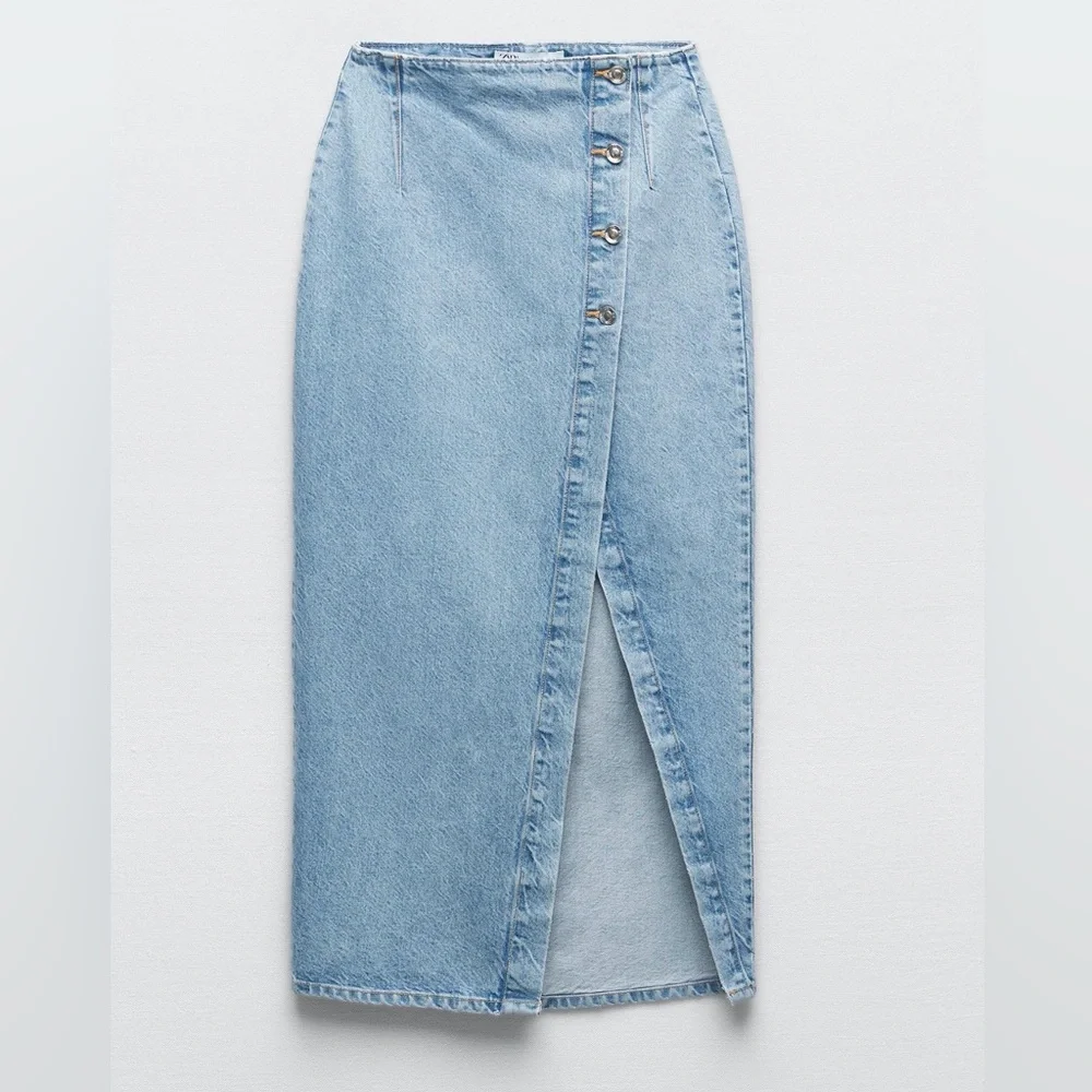 Zara Light Blue Denim Midi Skirt with Front Slit - Picture 1 of 9